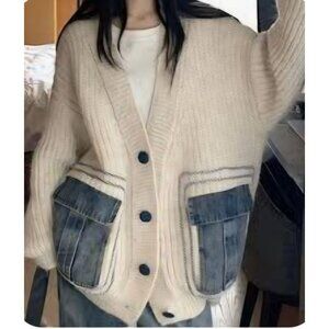 💙 Micas Thick Knit Oversized Drop Shoulder Cardigan Sweater Size L/XL Large Den